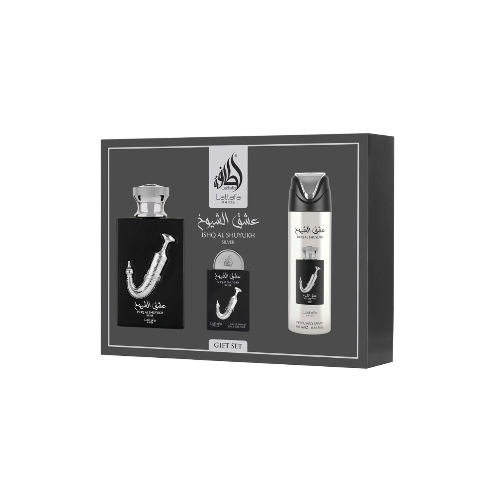 Ishq Al Shuyukh Silver Giftset Lattafa Perfumes unisex 4-delig